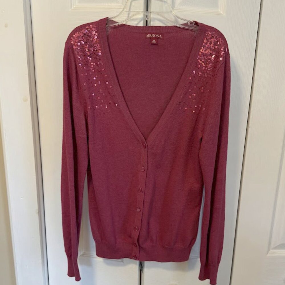 Merona Crimson Red Holiday Sequined Shoulder/Bodice Cardigan Size M